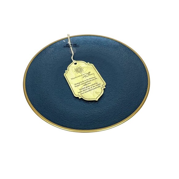 Turkish Glass 4 Salad Dessert Plates Set Blue Texture Gold Rim 8.25" NWT - Picture 8 of 11